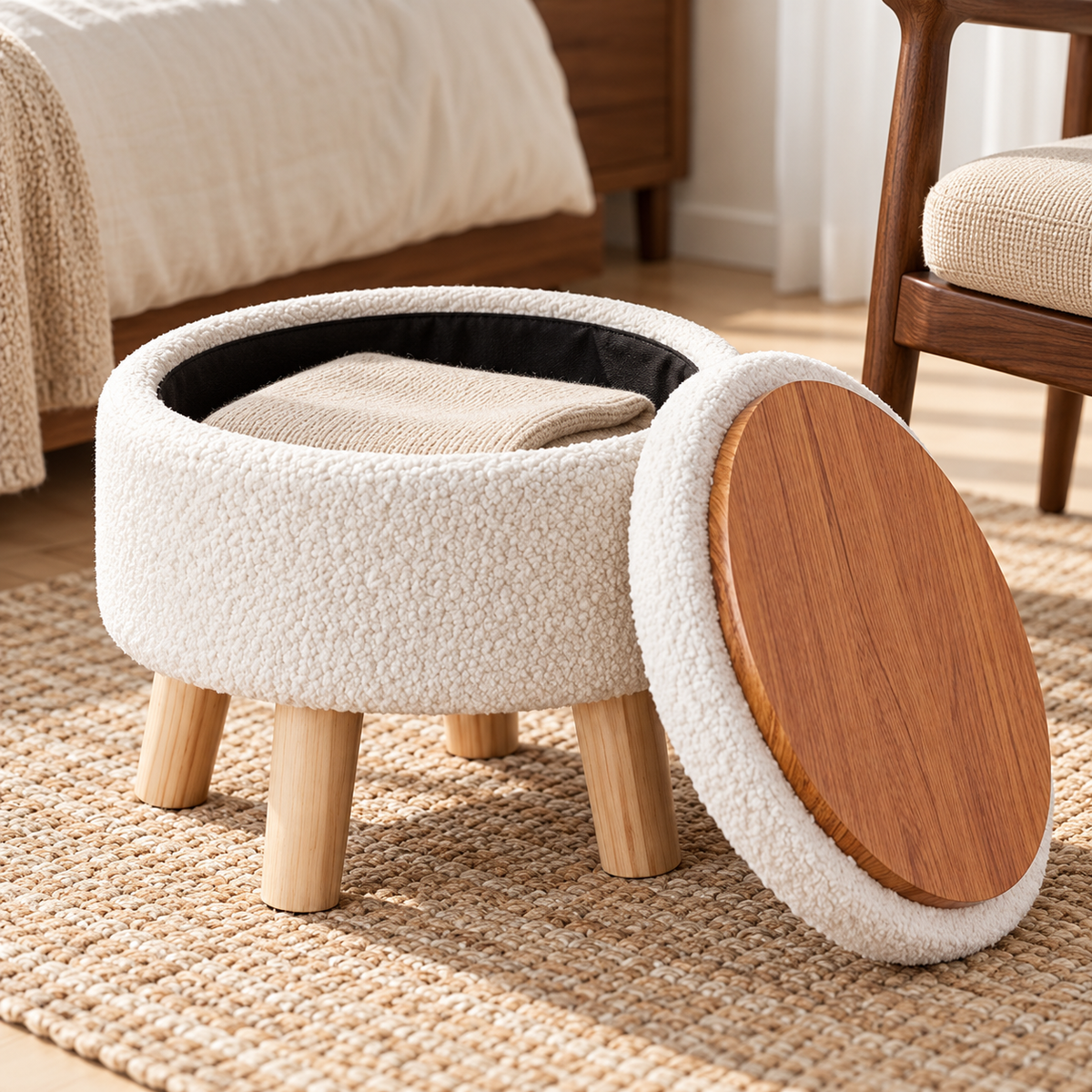 Cream round storage ottoman with lid removed leaning aside to expose wood-grain tray back and interior storage space.