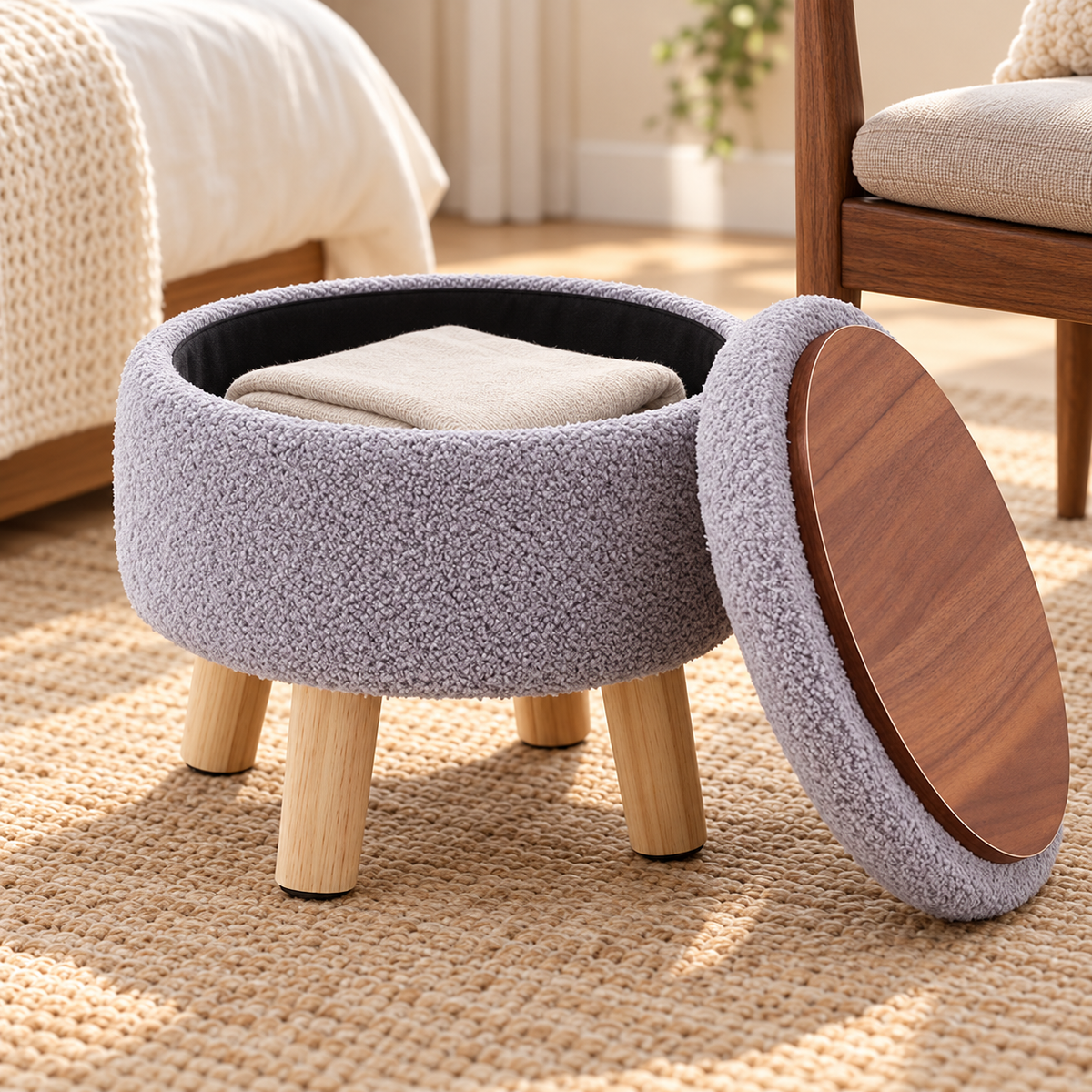Grey round storage ottoman with lid leaning aside to expose wood-grain tray underside and interior storage space.