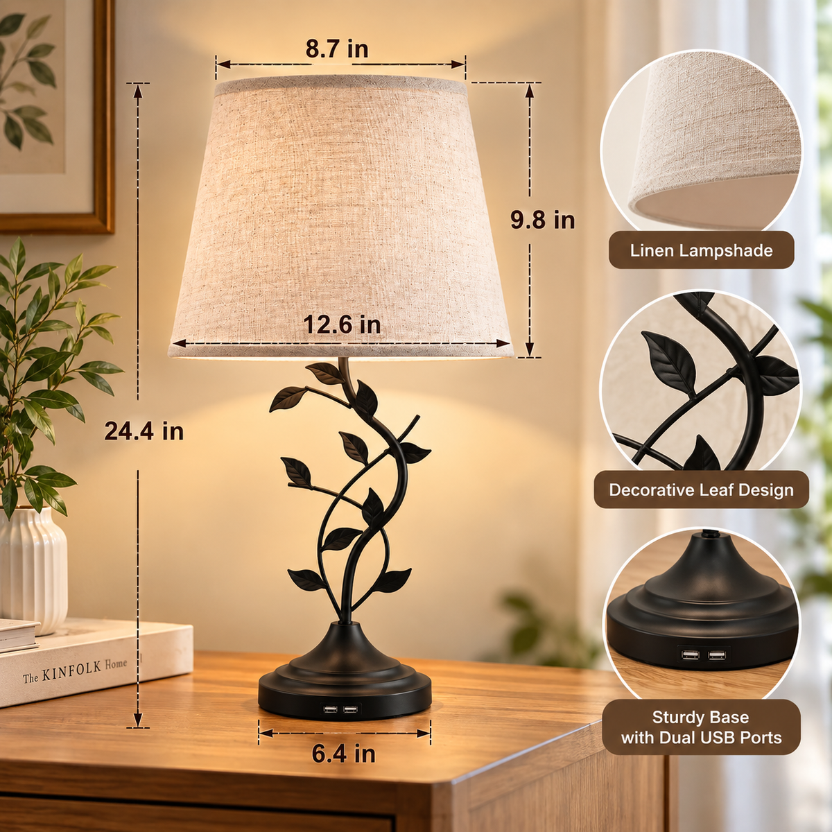 Leaf-vine table lamp dimension infographic with arrows showing overall height, shade dimensions, and base width alongside close-ups of the shade, decorative leaves, and base ports by HavvakHome.