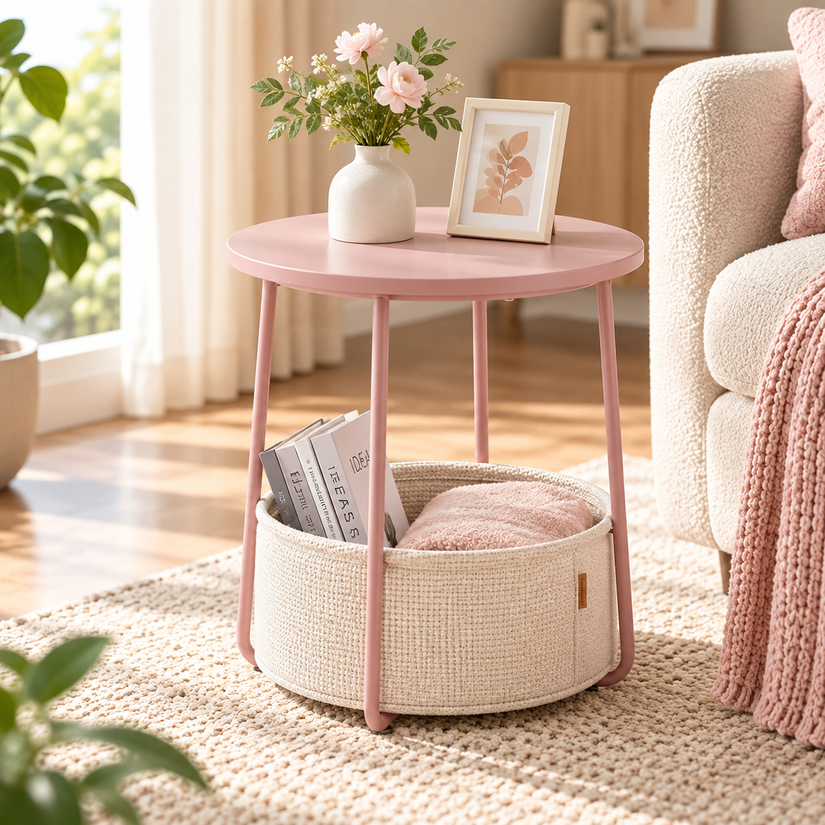 Pink round side table with a cream basket holding books and a pink blanket beside a cream chair, with flowers and framed artwork on the tabletop by HavvakHome.