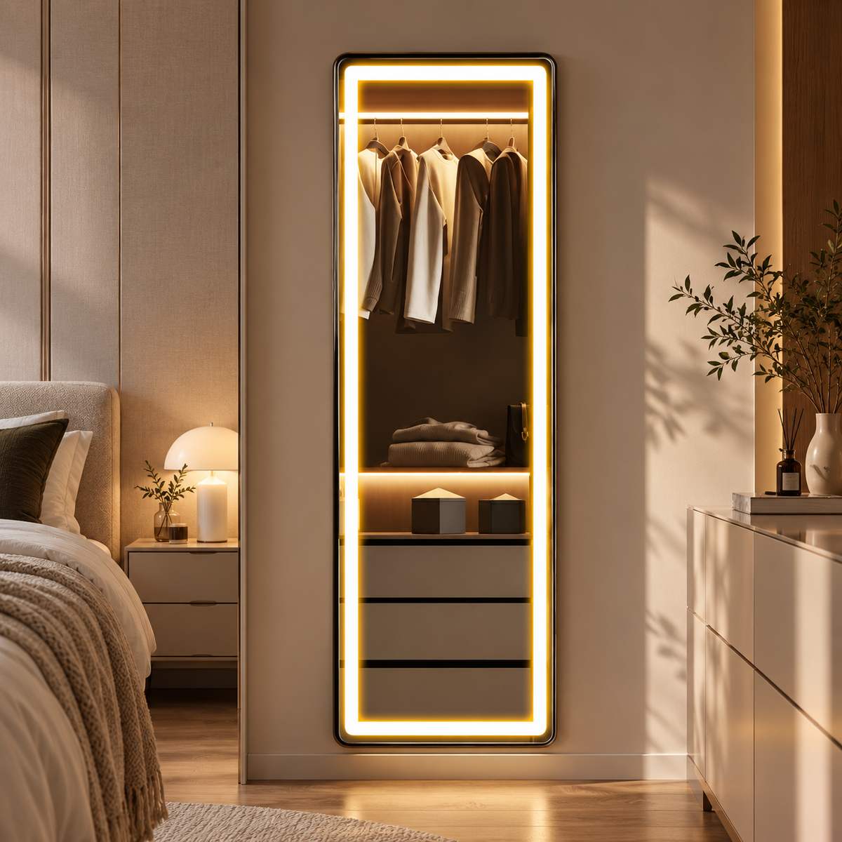 Smart LED full body dressing mirror with touch dimming control and 3 lighting options from HavvakHome.