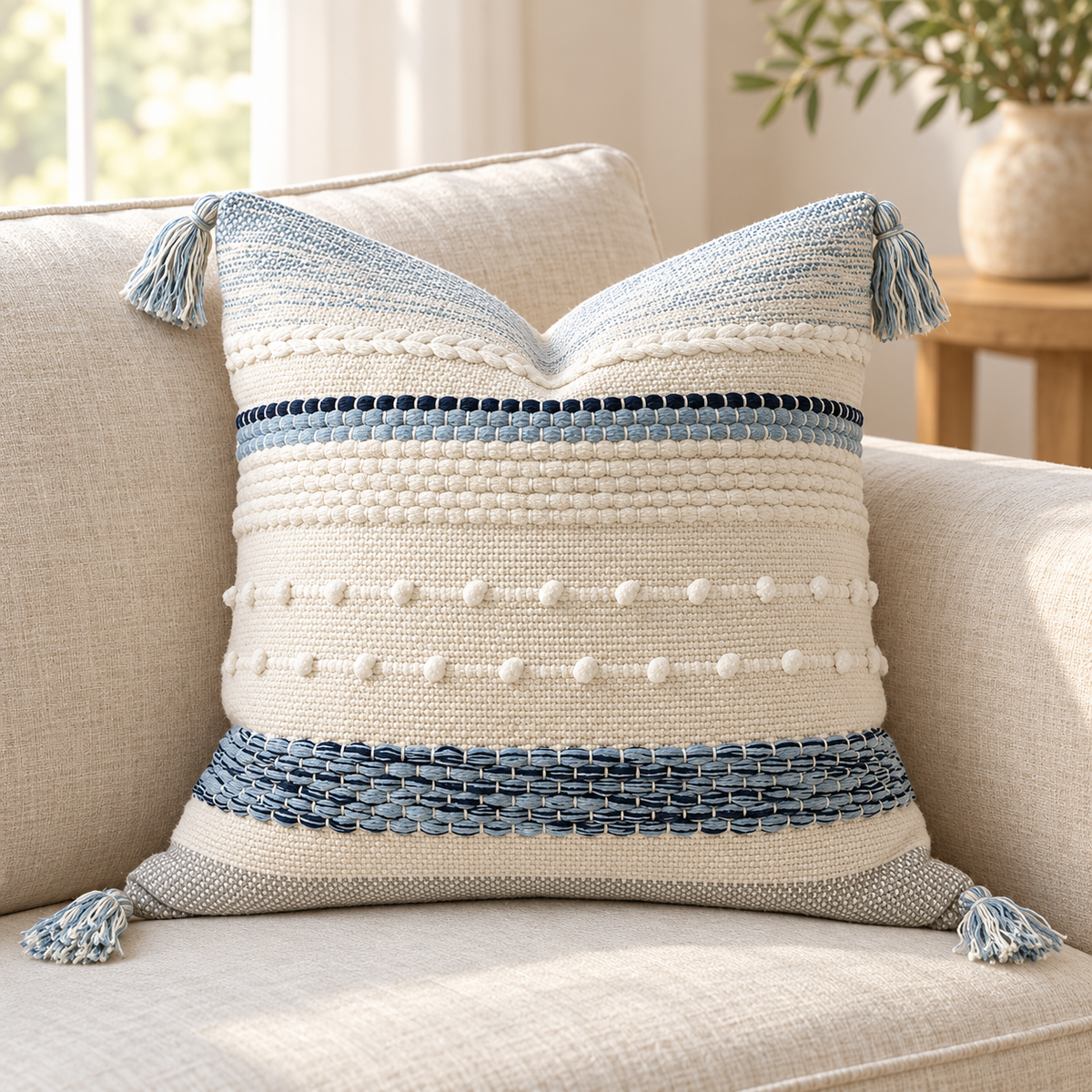 Coastal blue 18x18 inch throw pillow cover with horizontal stripes, raised bobbles, braids, and corner tassels displayed on an oatmeal linen sofa.