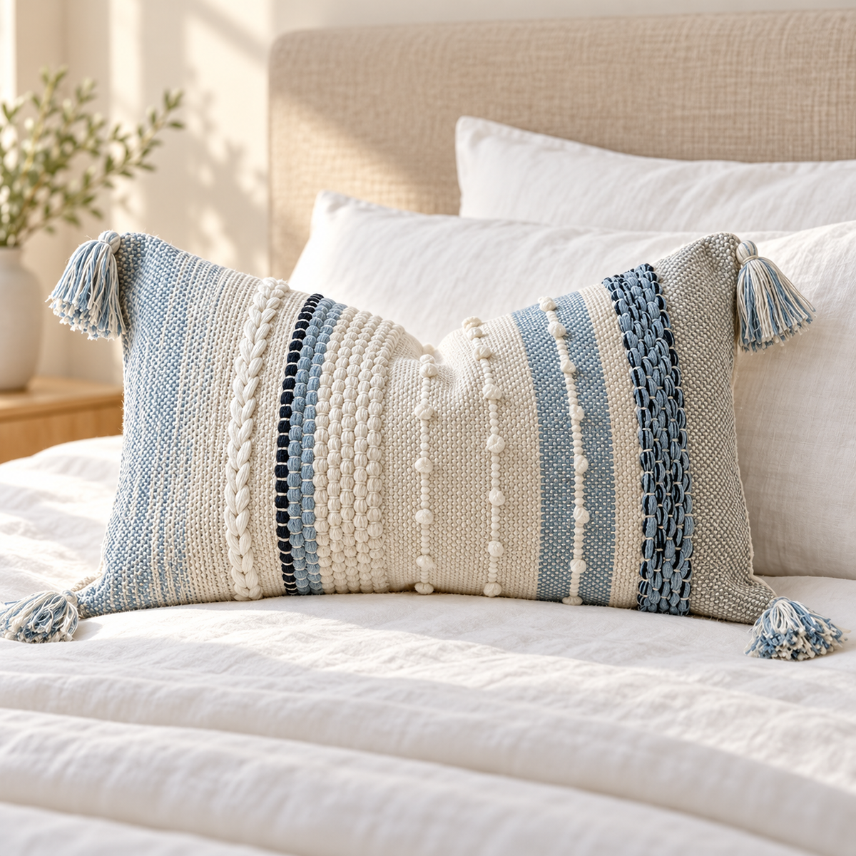 Coastal blue 20x12 inch lumbar pillow cover with vertical textured details styled on a white bed with a beige headboard.