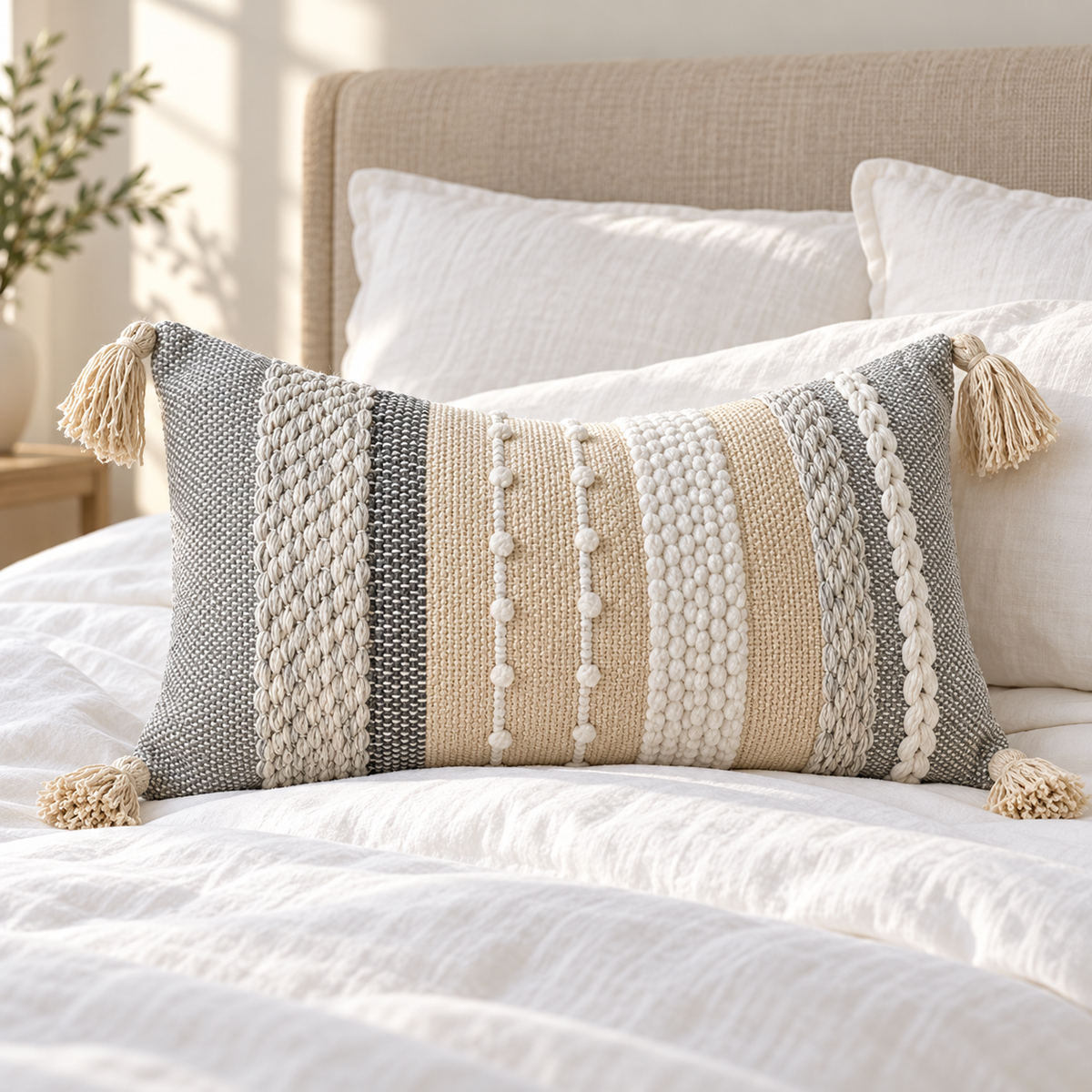 Gray 20x12 inch lumbar pillow cover with vertical woven stripes and tassels resting on a white bed with a beige headboard.