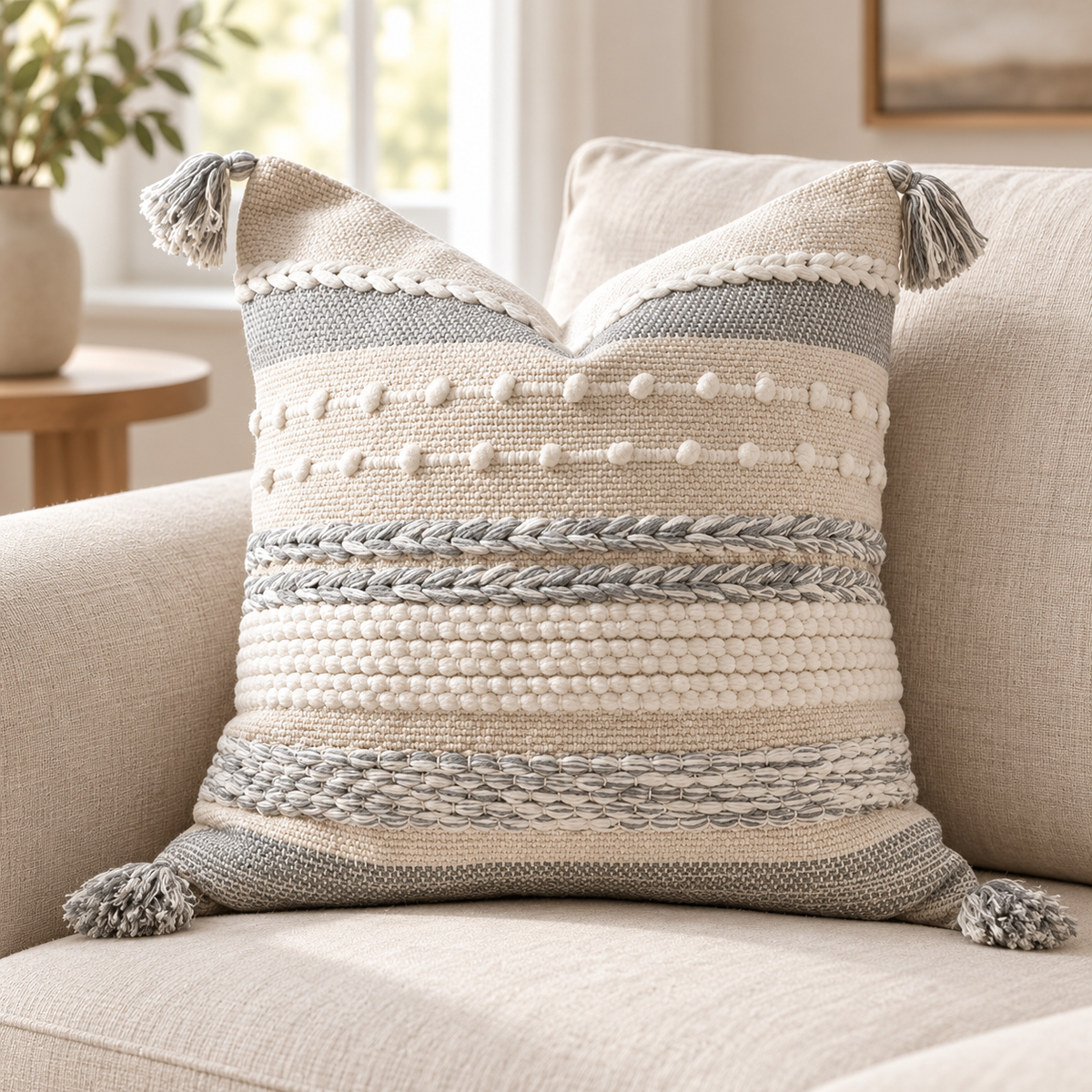 Gray and white 18x18 inch pillow cover featuring horizontal stripes, braids, and four corner tassels on an oatmeal linen sofa.
