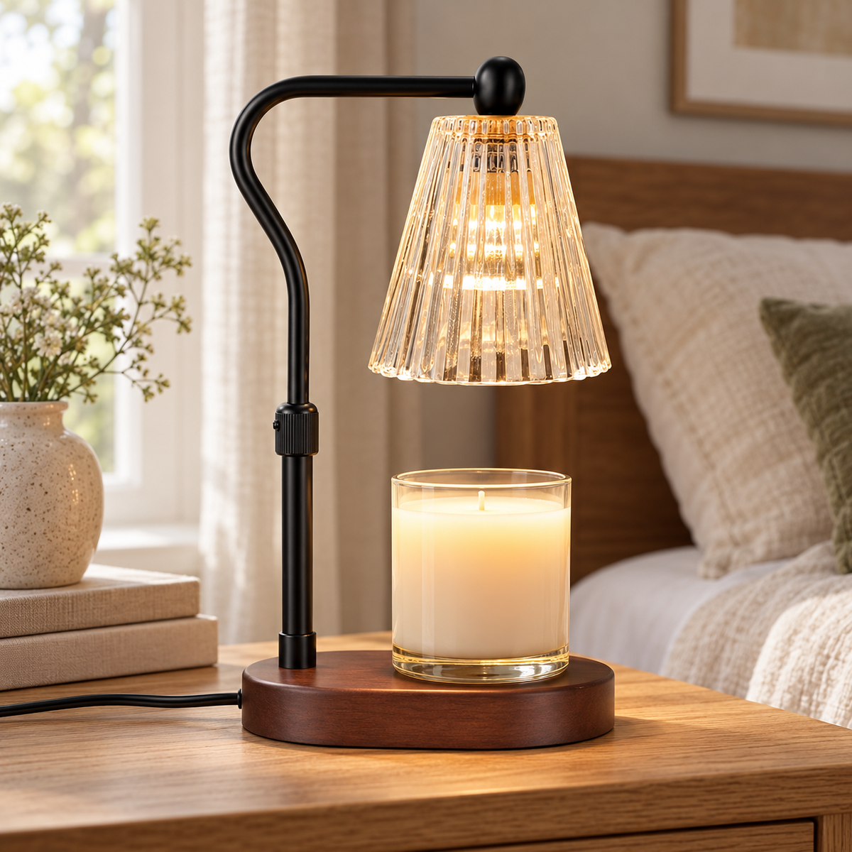 Walnut variant HavvakHome vintage electric candle warmer lamp with timer and dimmer positioned at a side angle on a bedroom nightstand.