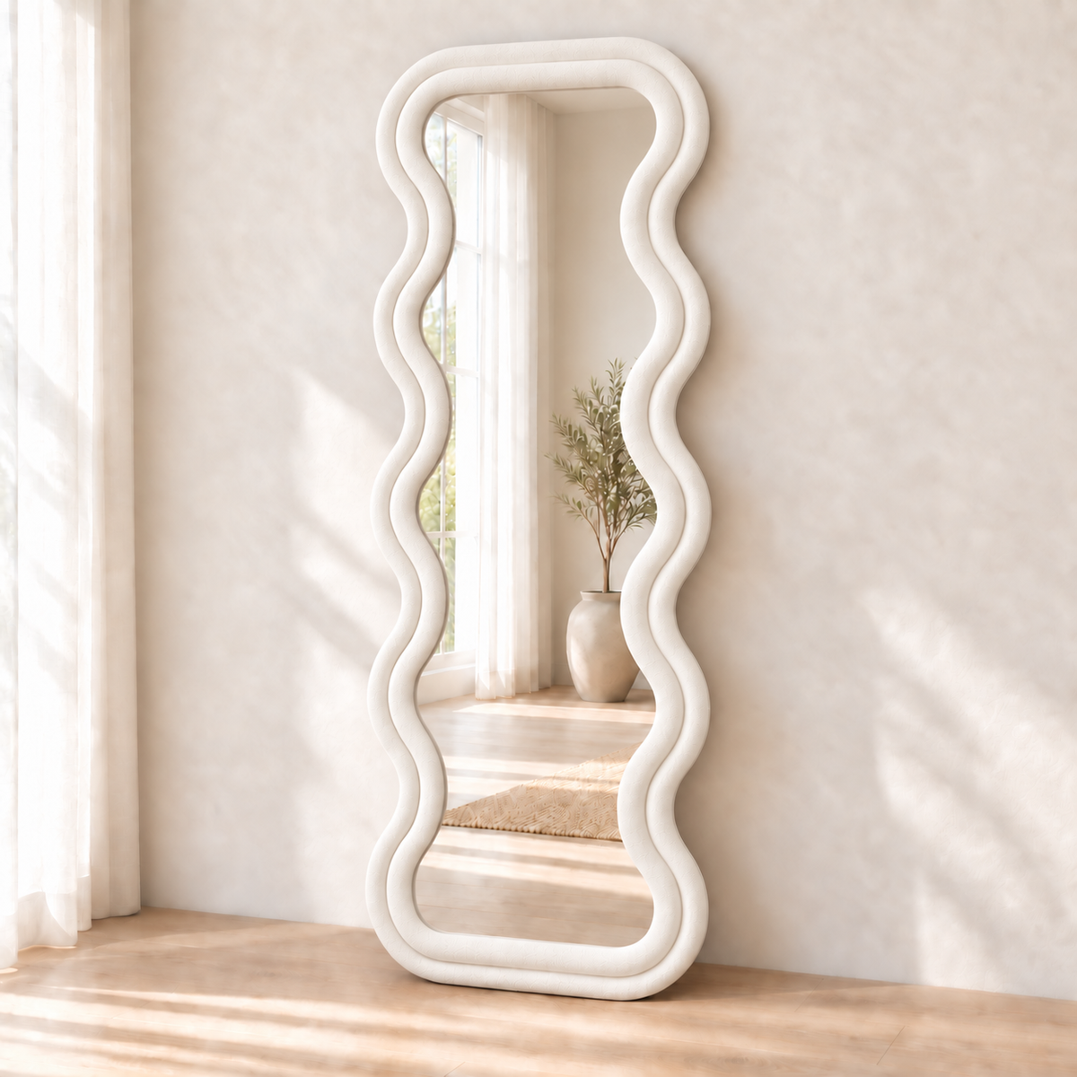 HavvakHome white wavy full-length floor mirror in a modern room setting