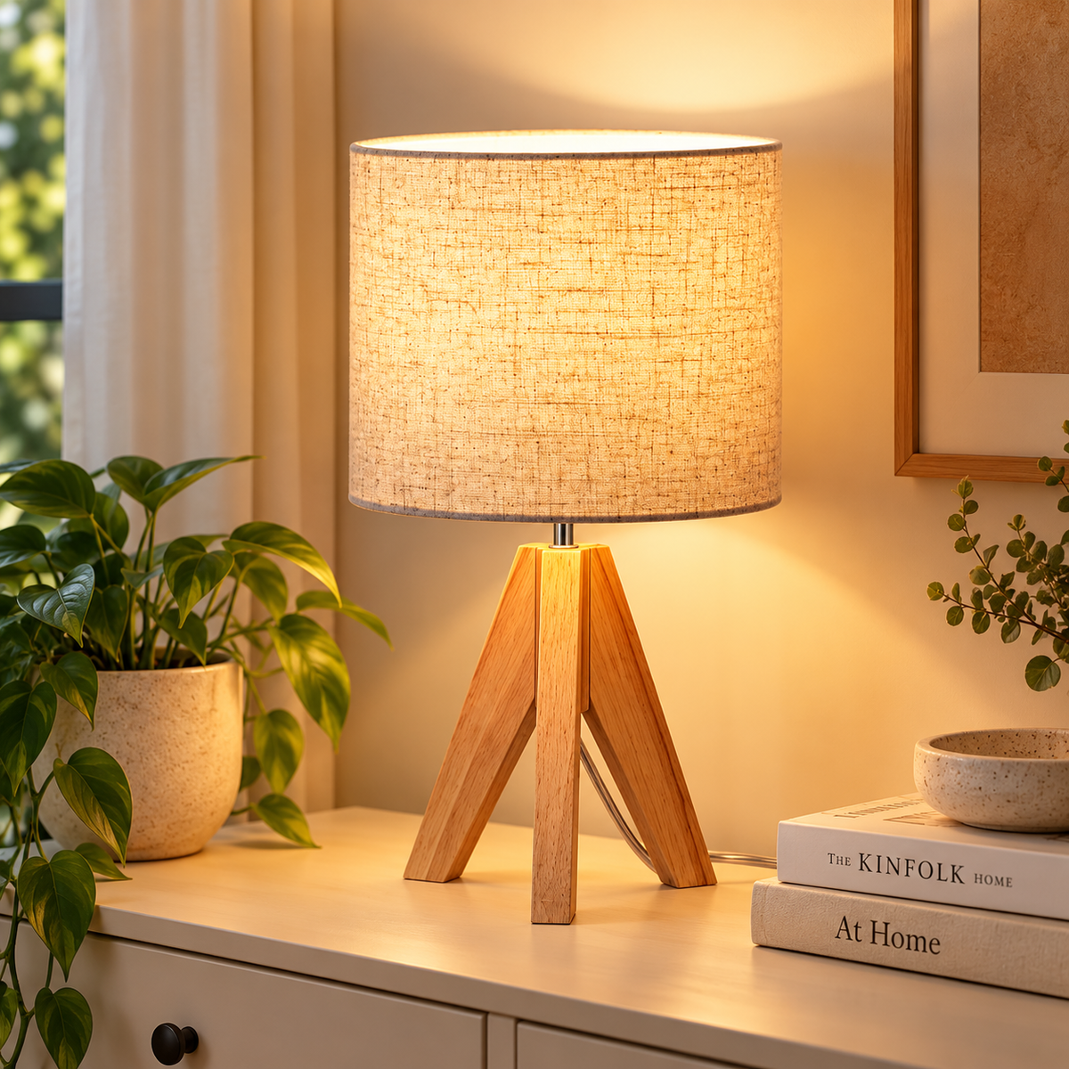 Natural light wood tripod table lamp with glowing beige cylindrical shade on a white cabinet beside a plant, books, and bowl by HavvakHome.