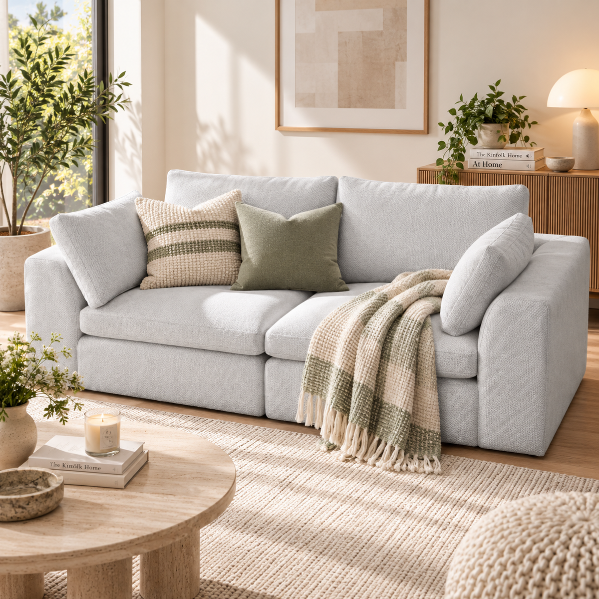 Light gray two-seat modular loveseat with striped cream-green and sage pillows and a plaid knit throw beside wooden coffee table and plants by HavvakHome.