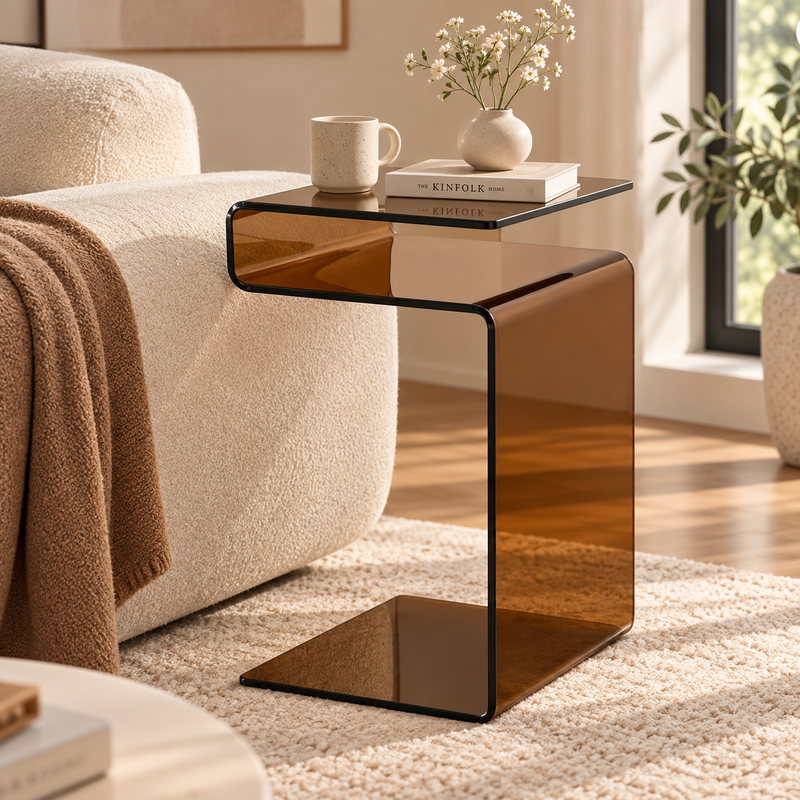 Side angle view of an amber S-shaped glass side table beside a cream sofa with a mug, flower vase, and book on top by HavvakHome.
