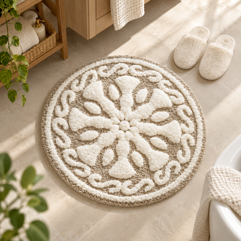 Taupe round bath rug with raised ivory floral center and scroll border on a beige bathroom floor beside white slippers and a wood vanity by HavvakHome.