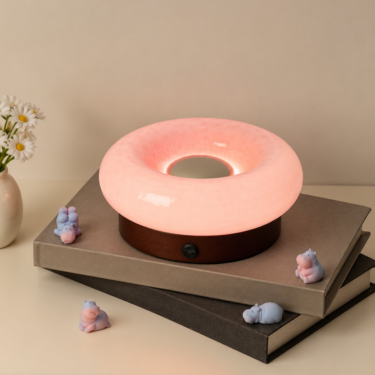 Glowing pink donut lamp on stacked books, surrounded by hippo figurines and a vase of daisies.