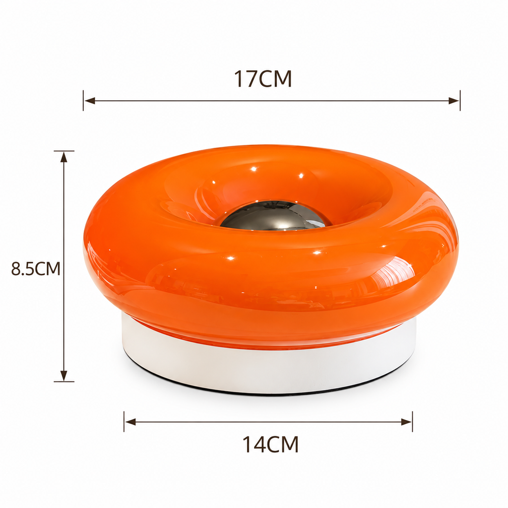 Orange donut lamp dimension diagram showing a 17 cm shade diameter, 8.5 cm height and 14 cm base diameter.