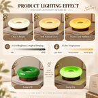 Donut lamp lighting comparison with cool, neutral and warm tones, a dimming scale, and green lamp shown off and on.