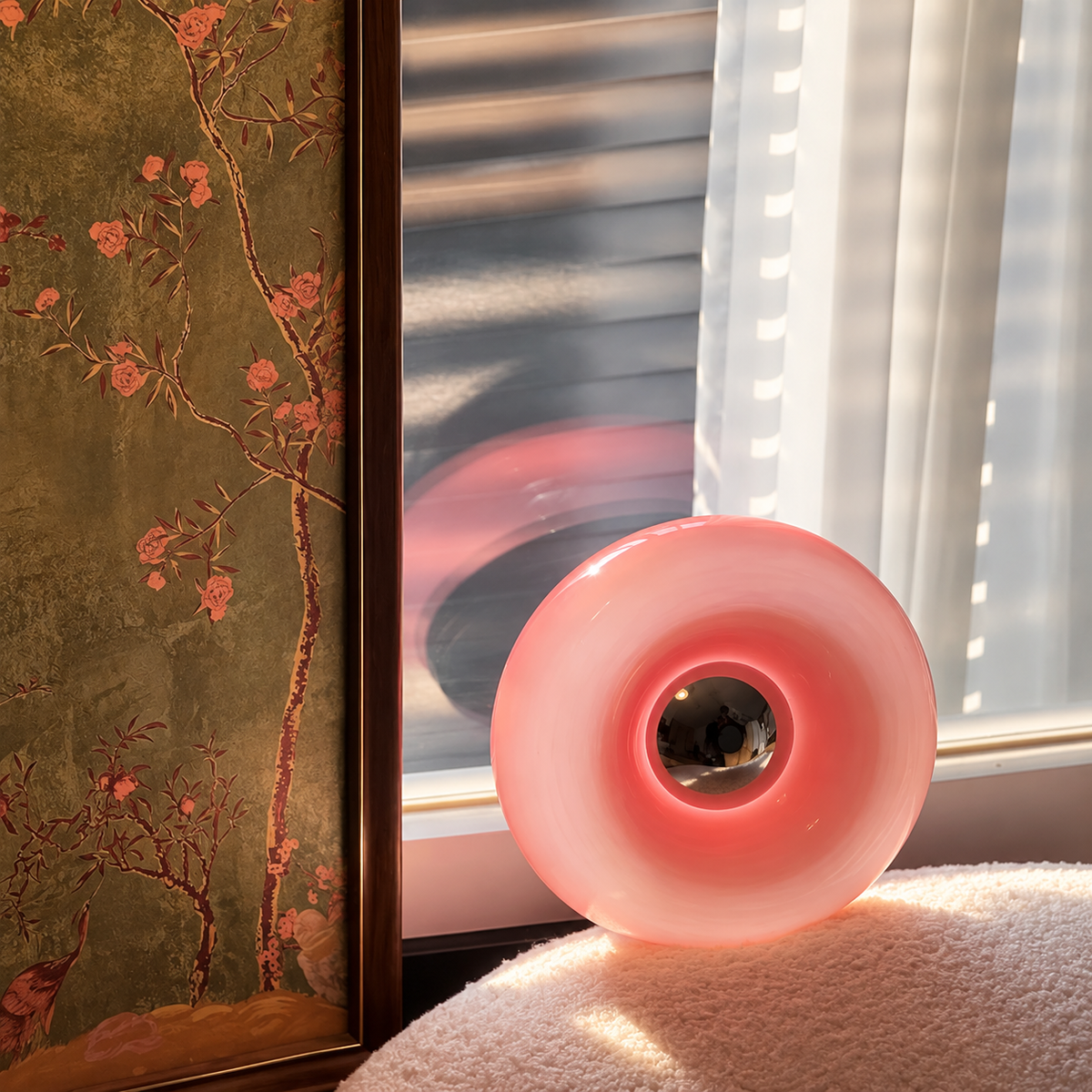 Pink donut-shaped lamp standing upright beside a sunlit window, with a reflective center and floral artwork nearby.