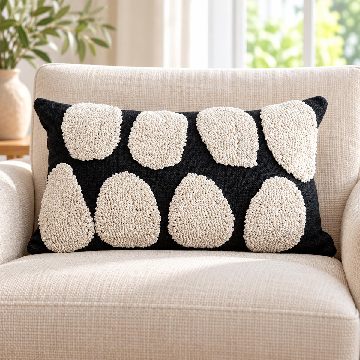 Black and cream lumbar pillow cover with rounded tufted blocks on a light upholstered armchair.
