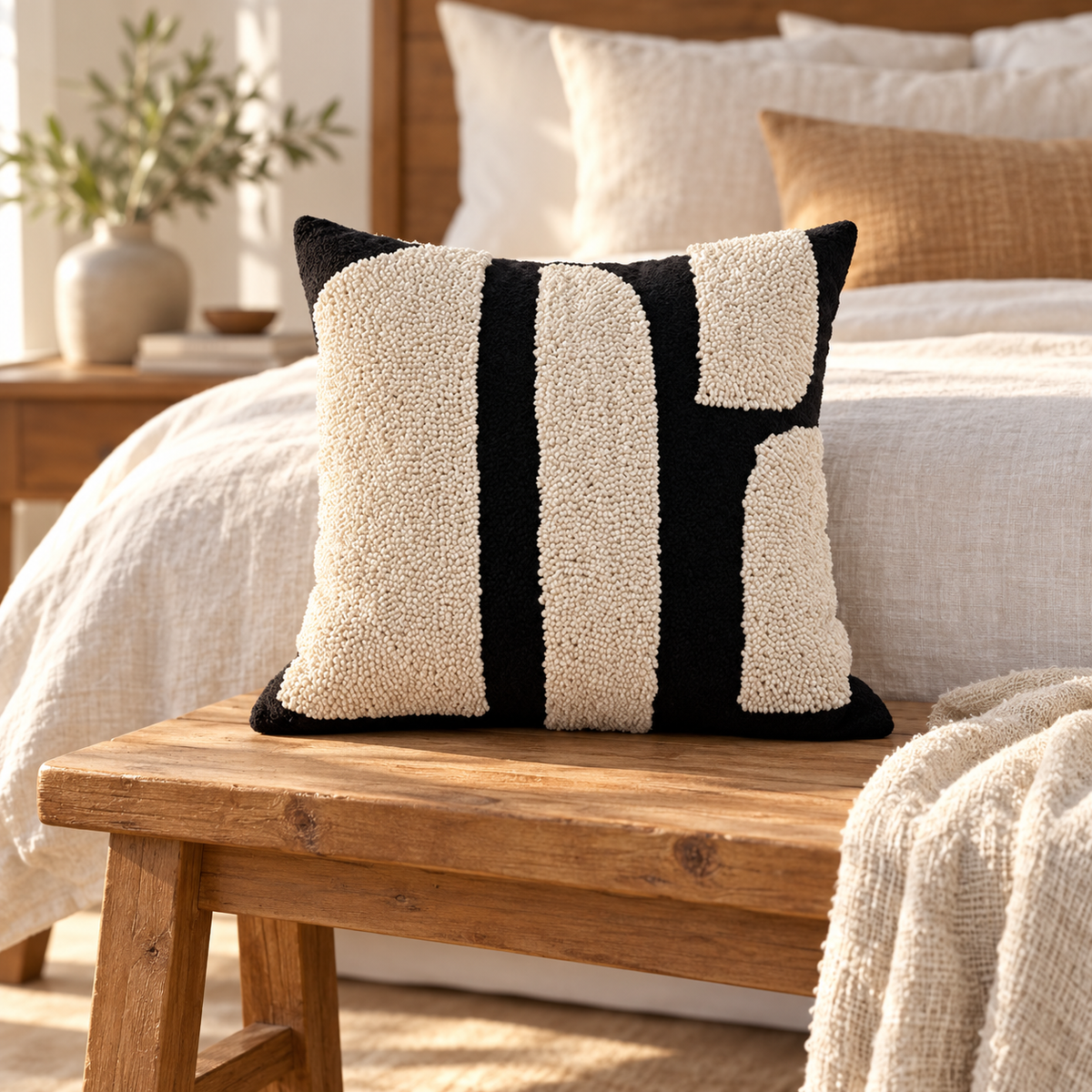 Square black and cream geometric tufted pillow cover on a wooden bench at the foot of a linen bed.