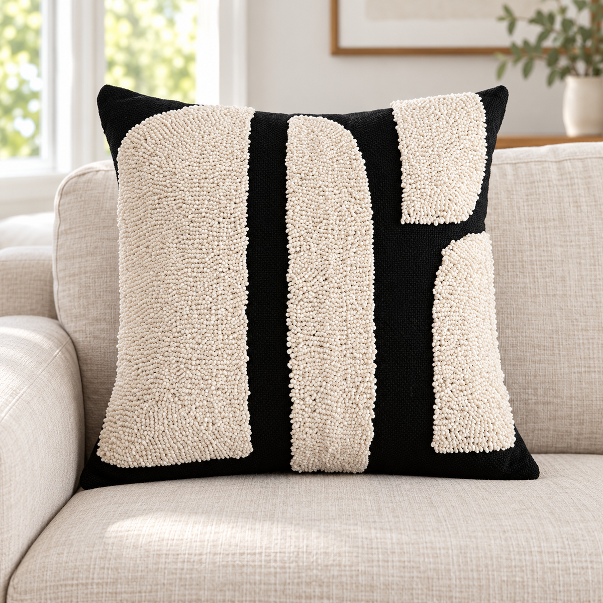 Square black pillow cover with raised cream abstract tufting on a light textured sofa beside a window.