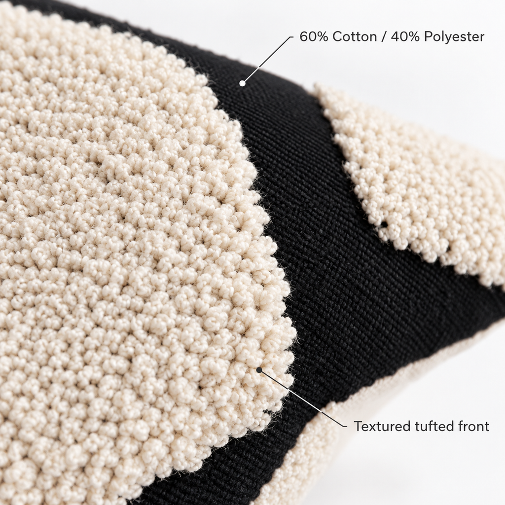 Close-up of cream looped tufting and black woven fabric, labeled 60% cotton and 40% polyester.
