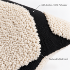 Close-up of cream looped tufting and black woven fabric, labeled 60% cotton and 40% polyester.
