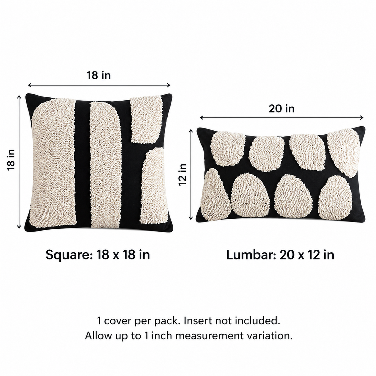 White-background size guide showing the square 18 x 18 inch and lumbar 20 x 12 inch covers; insert not included.