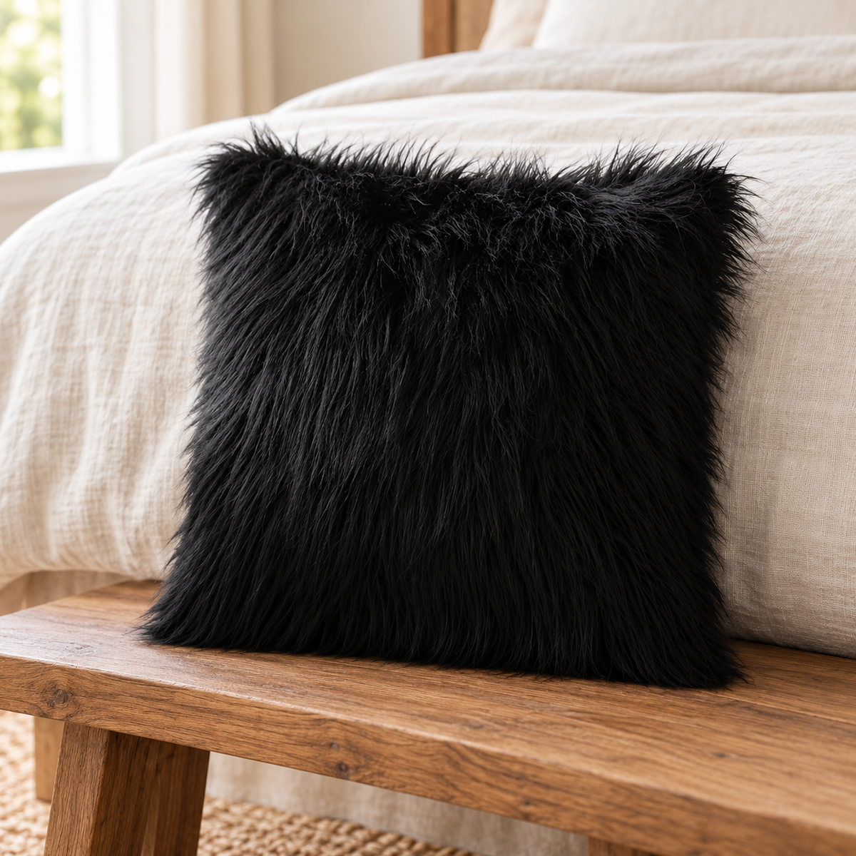 black long-pile faux fur pillow cover on a wooden bench at the foot of a cream linen bed.