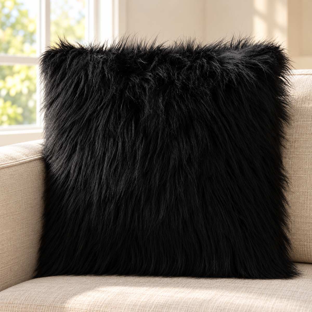 black long-pile faux fur pillow cover on a beige sofa beside a bright window.