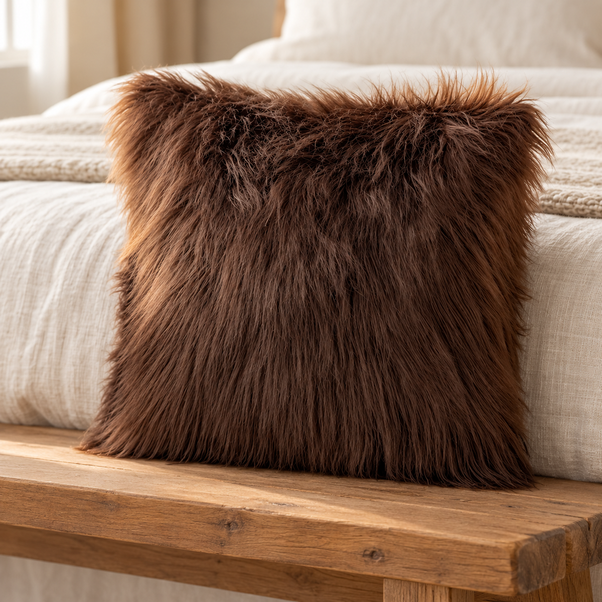 coffee long-pile faux fur pillow cover on a wooden bench at the foot of a cream linen bed.