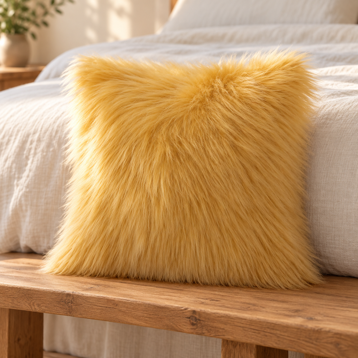 ginger long-pile faux fur pillow cover on a wooden bench at the foot of a cream linen bed.