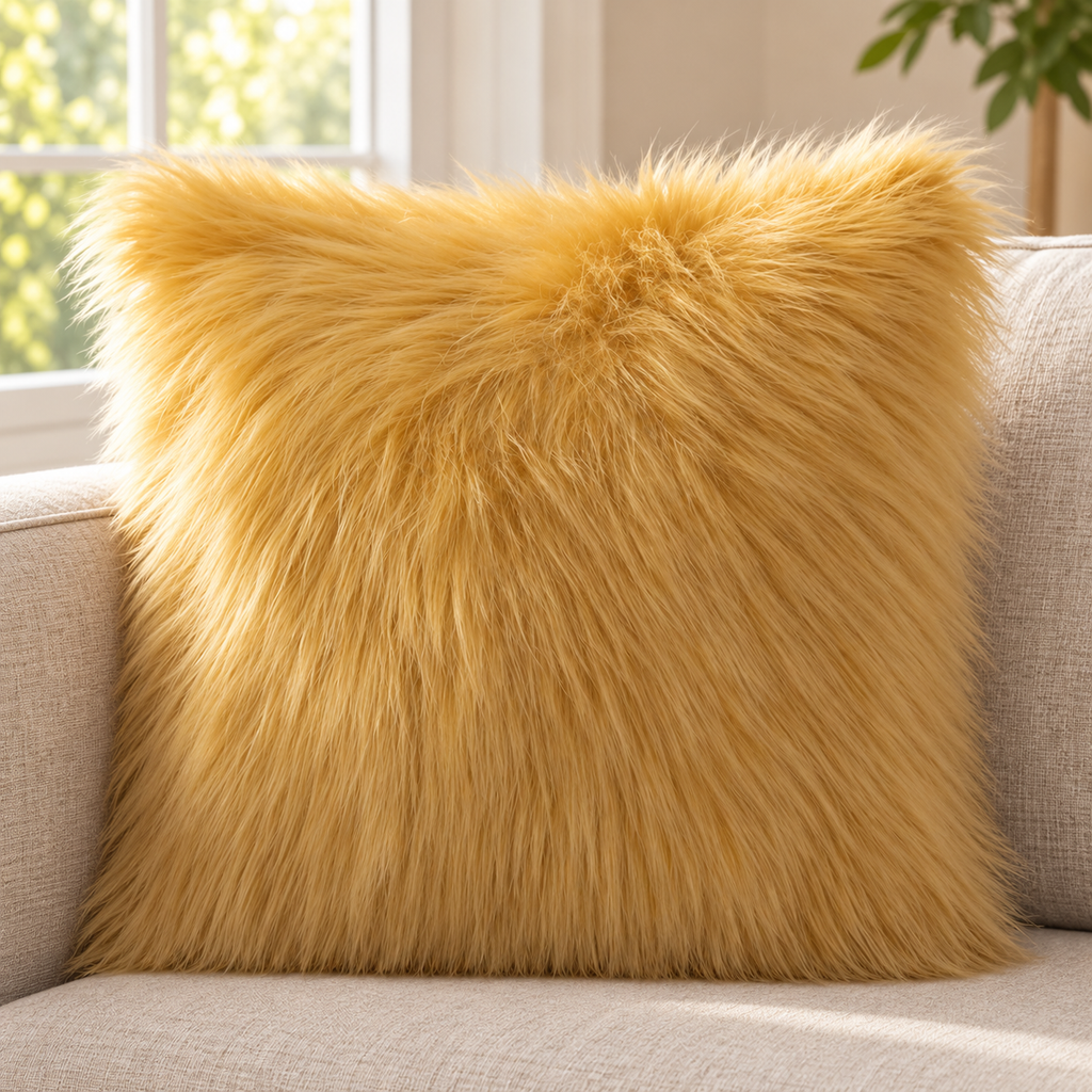 ginger long-pile faux fur pillow cover on a beige sofa beside a bright window.