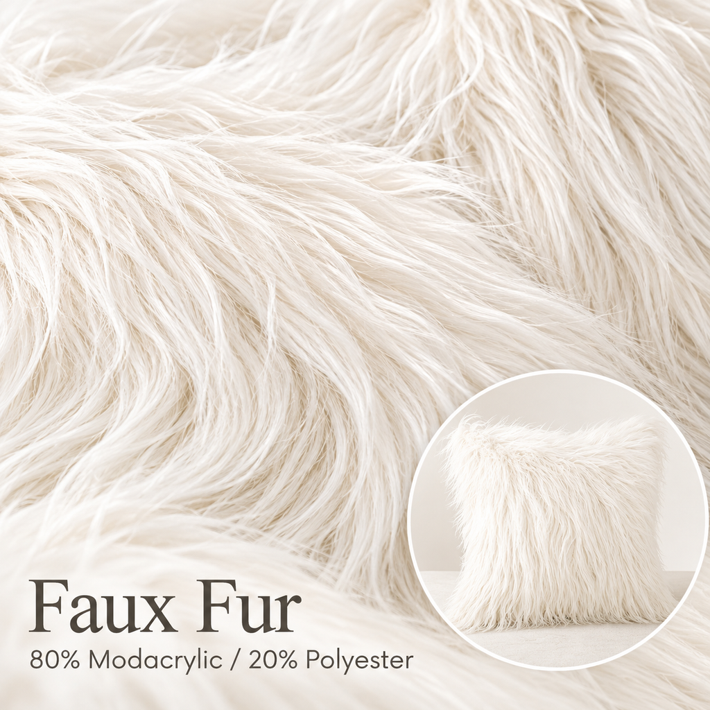 Close-up of off-white long-pile faux fur labeled 80% modacrylic and 20% polyester.