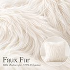 Close-up of off-white long-pile faux fur labeled 80% modacrylic and 20% polyester.