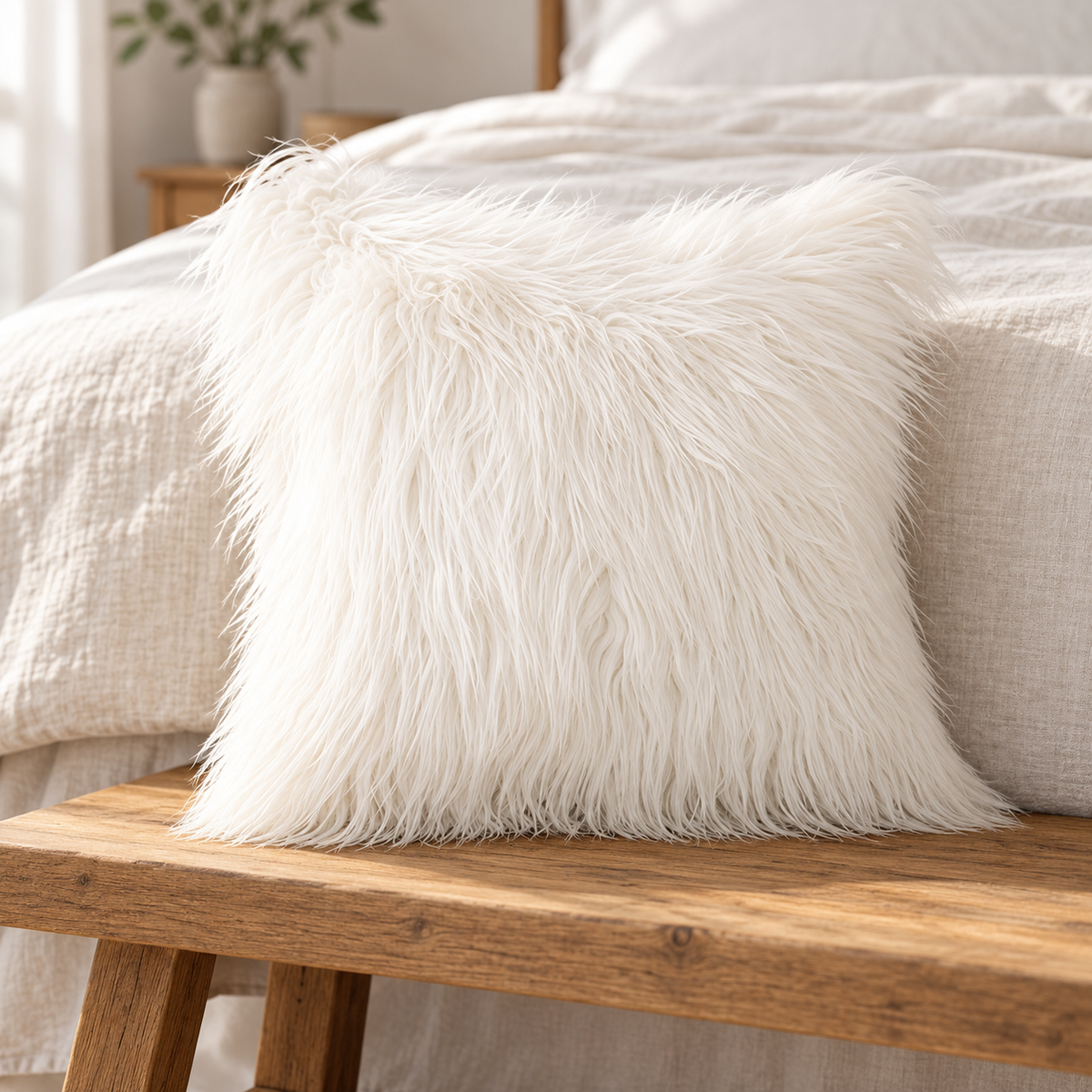 off-white long-pile faux fur pillow cover on a wooden bench at the foot of a cream linen bed.