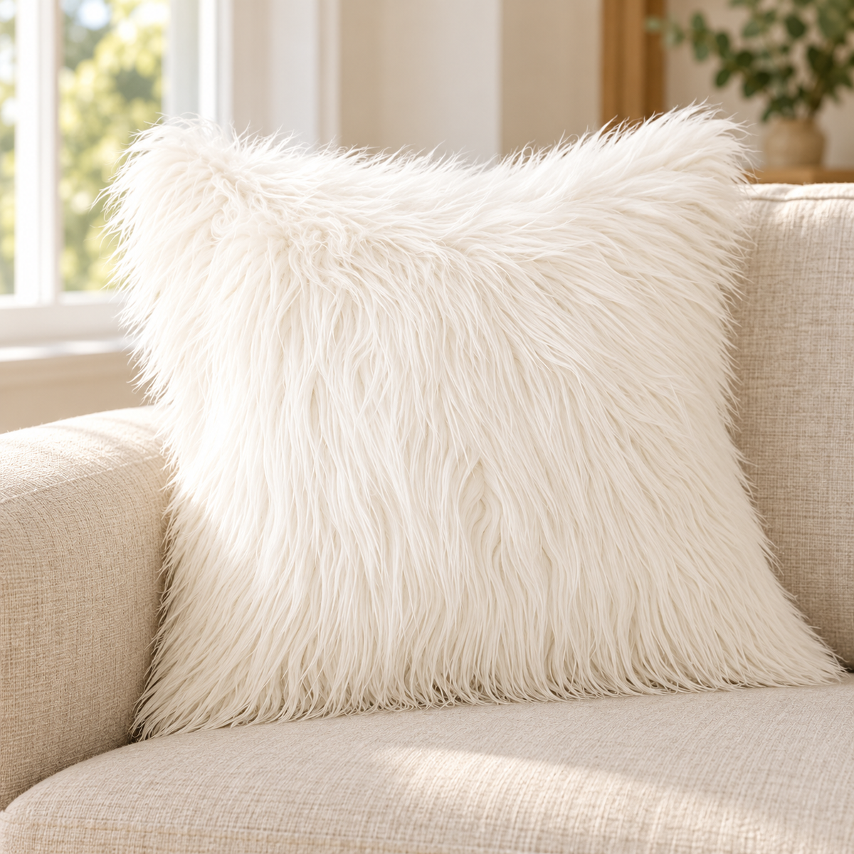 Off-white long-pile faux fur pillow cover on a beige sofa beside a sunlit window.