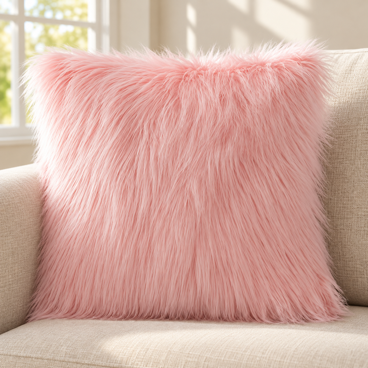 pink long-pile faux fur pillow cover on a beige sofa beside a bright window.