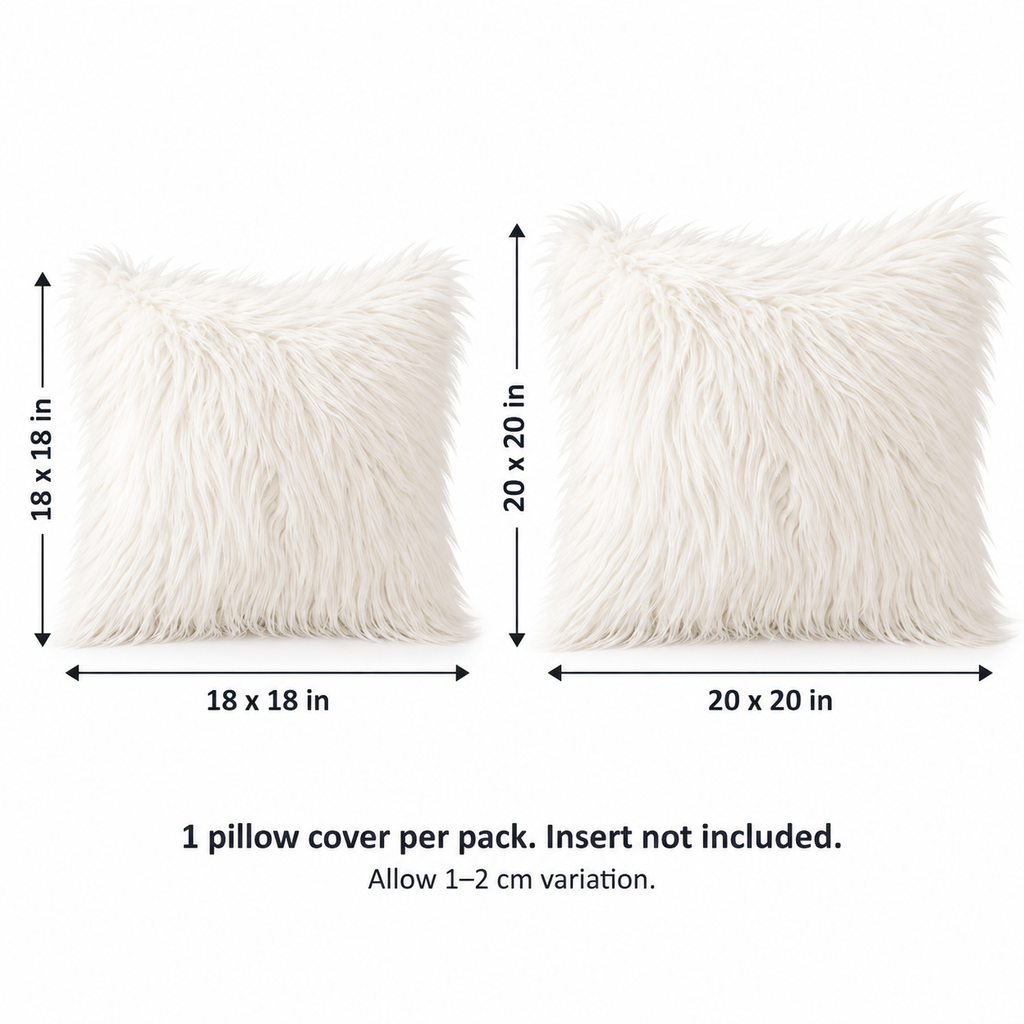 White-background size guide comparing 18 x 18 and 20 x 20 inch square covers; insert not included.