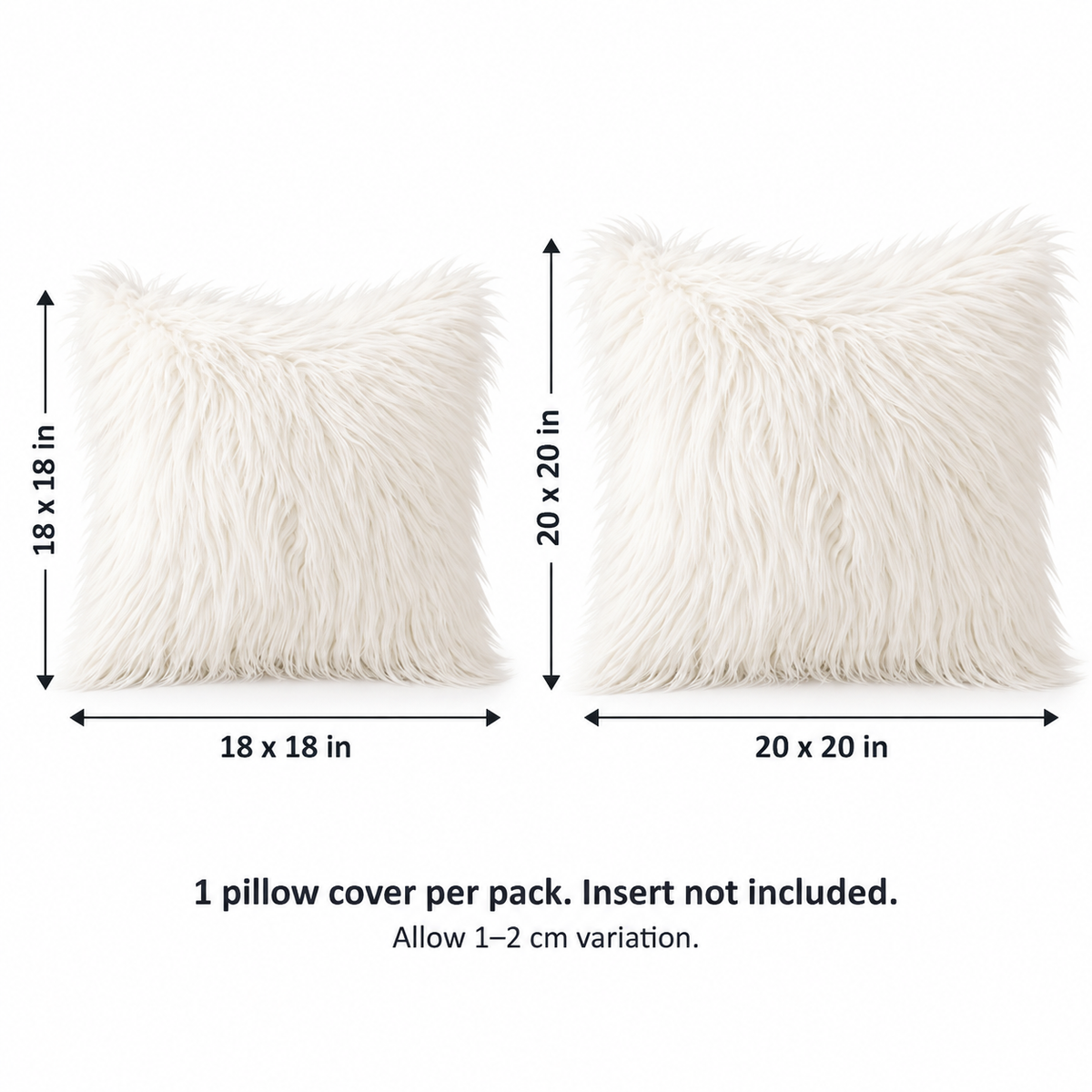 White-background size guide comparing 18 x 18 and 20 x 20 inch square covers; insert not included.