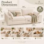 Cream loveseat dimensions infographic showing width, height, depth, arm, and seat measurements alongside four lifestyle inset photos by HavvakHome.
