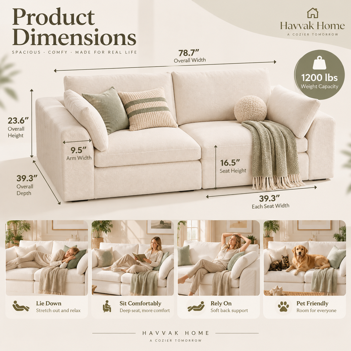 Cream loveseat dimensions infographic showing width, height, depth, arm, and seat measurements alongside four lifestyle inset photos by HavvakHome.