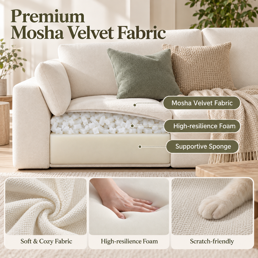 Cream loveseat material infographic featuring cutaway cushion layers, fabric close-up, hand pressing foam, and a cat paw on upholstery by HavvakHome.