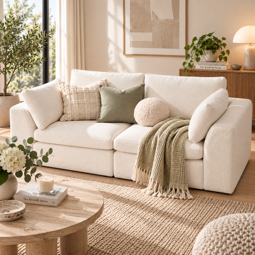 Cream two-seat modular loveseat with broad arms, plaid and sage cushions, a round throw pillow, and a knit throw on the right seat by HavvakHome.