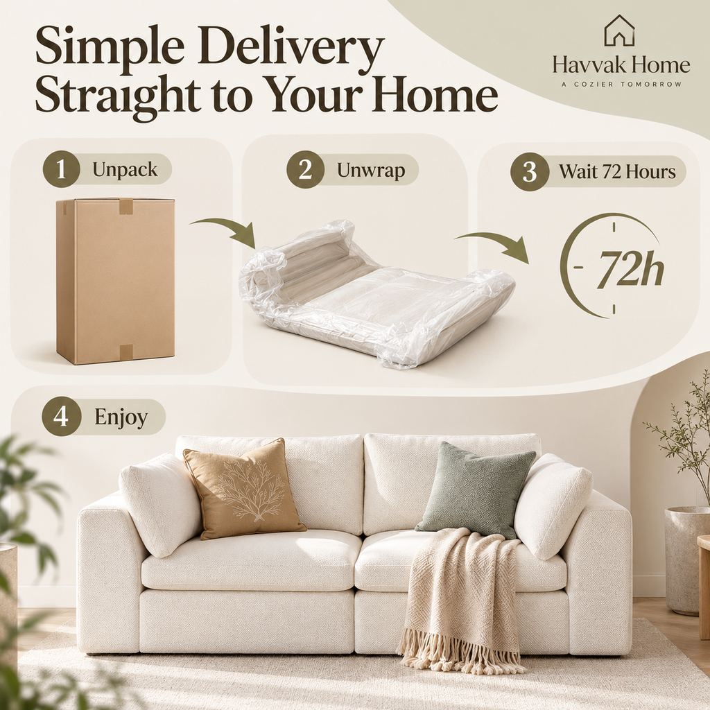 Cream modular loveseat unpacking guide illustrating the box, compressed wrapped sofa, 72-hour expansion step, and finished loveseat by HavvakHome.