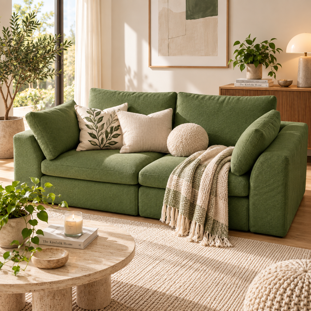 Green two-seat modular loveseat with a botanical cream pillow, plain cream pillow, round cream cushion, and plaid throw by HavvakHome.