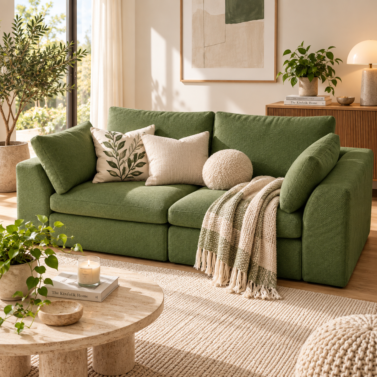 Green two-seat modular loveseat with a botanical cream pillow, plain cream pillow, round cream cushion, and plaid throw by HavvakHome.