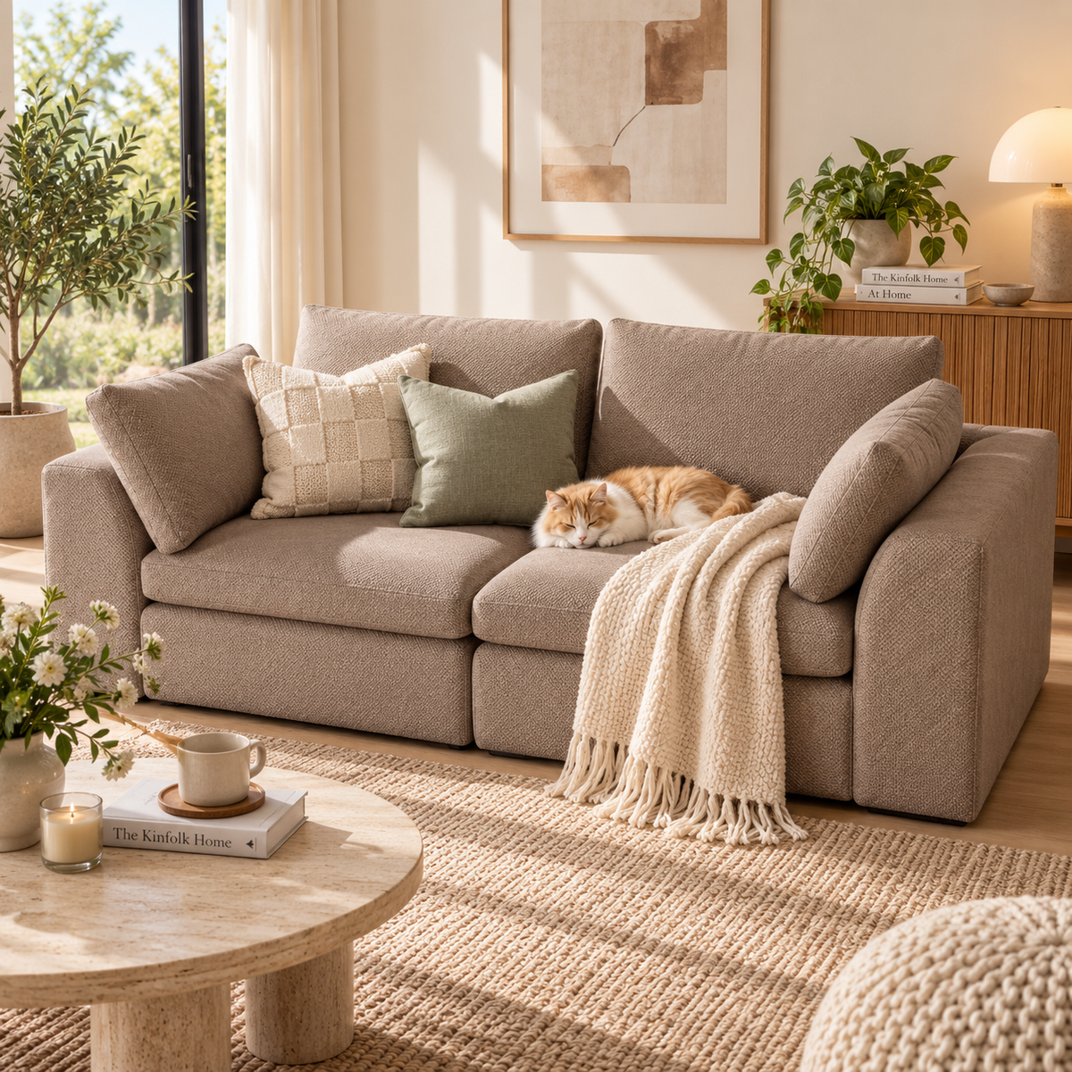 Taupe two-seat modular loveseat with plaid and sage pillows, a cream throw, and a sleeping orange-and-white cat by HavvakHome.
