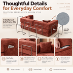 Burgundy sofa construction infographic detailing metal support rails, underside texture, side pocket, throw pillow, and zippered cover by HavvakHome.