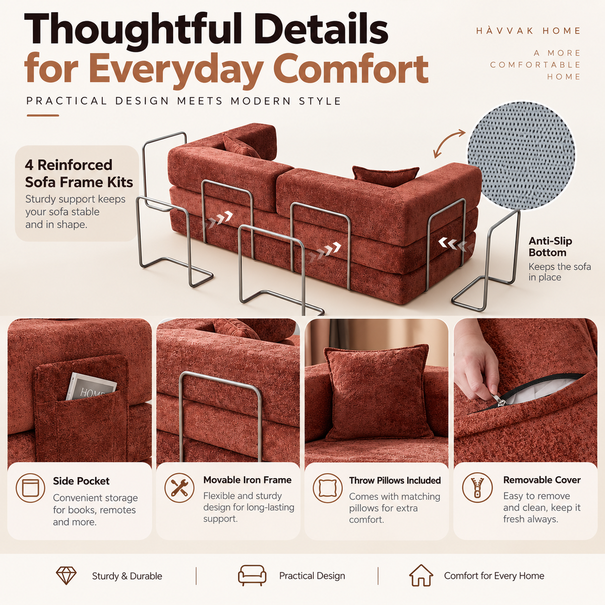Burgundy sofa construction infographic detailing metal support rails, underside texture, side pocket, throw pillow, and zippered cover by HavvakHome.