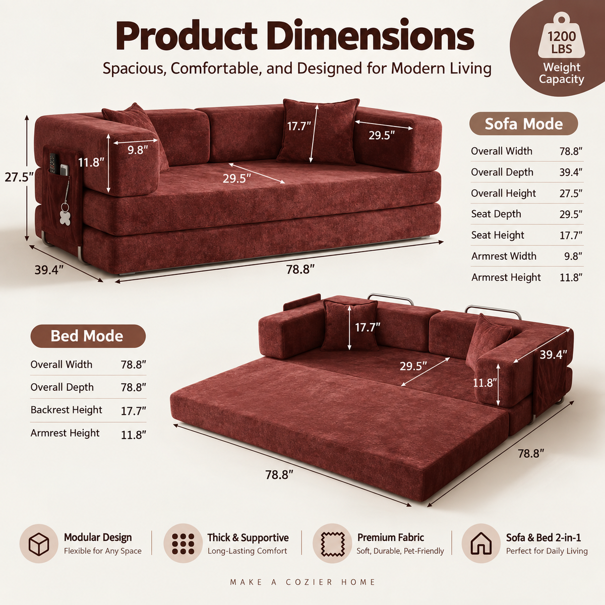 Burgundy folding sleeper sofa dimensions infographic comparing sofa and bed modes with labeled measurements by HavvakHome.