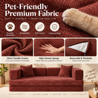 Burgundy sofa material infographic featuring a cat paw, textured fabric close-up, hand pressing upholstery, open zipper exposing lining, and sofa front view by HavvakHome.
