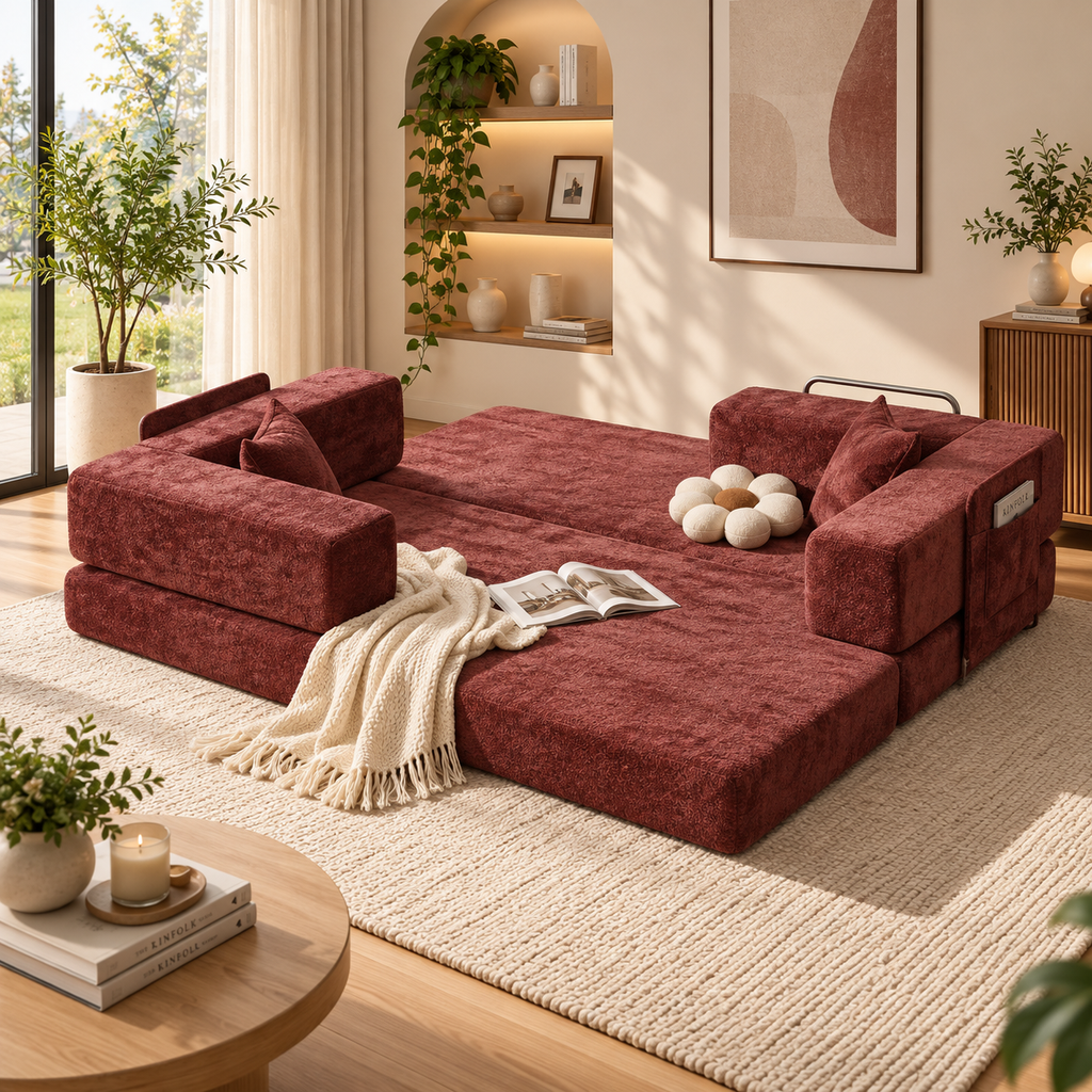 Burgundy sleeper sofa modules unfolded together with backrests on opposite sides, featuring a daisy pillow, cream throw, magazine, and side storage pocket by HavvakHome.